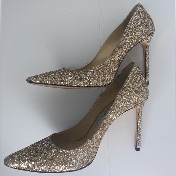 Jimmy Choo Romy Coarse Glitter Gold Fabric Pump Heels - Picture 8 of 9